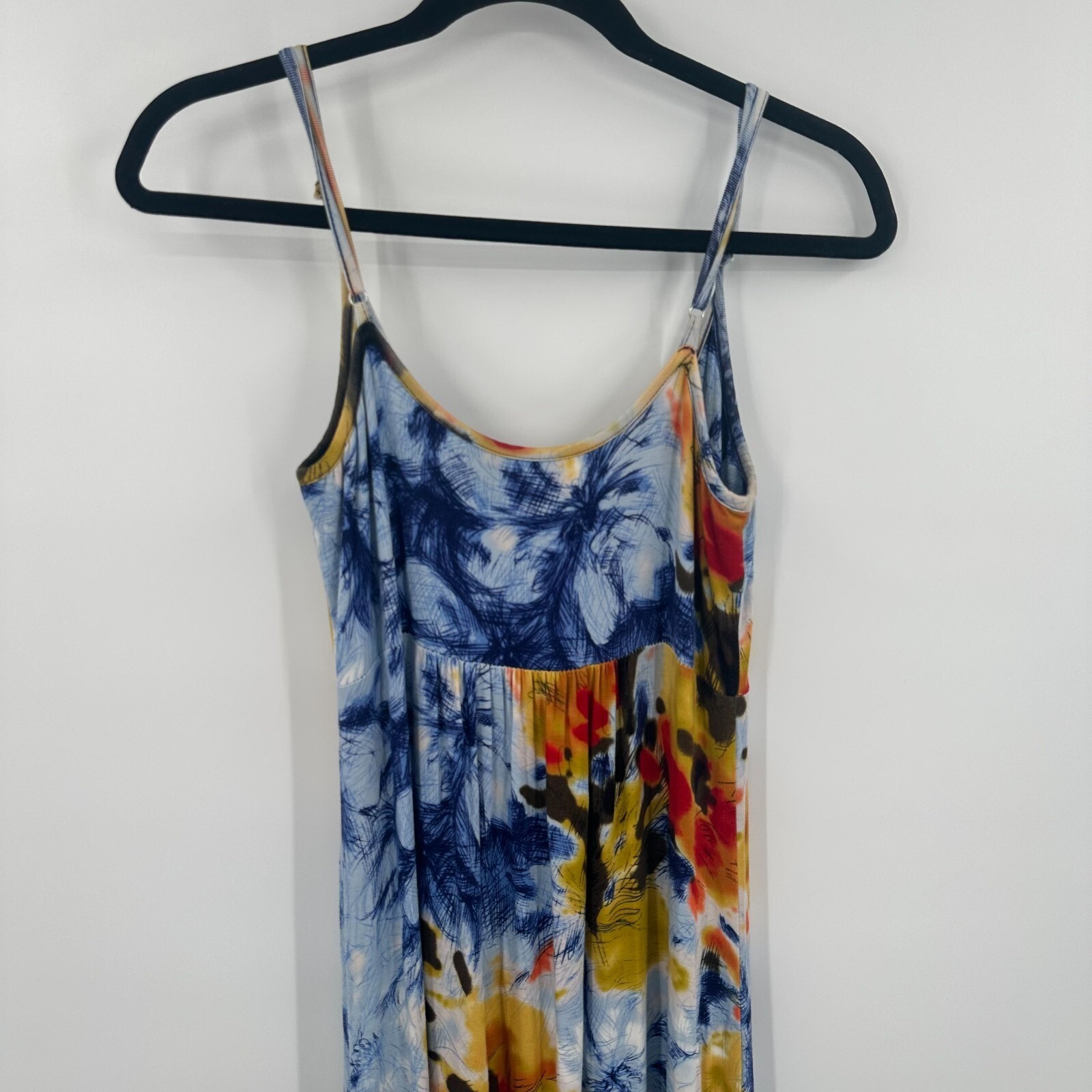 Calvin Klein Women Blue Yellow Abstract Floral Maxi Dress Empire Waist Stretch S