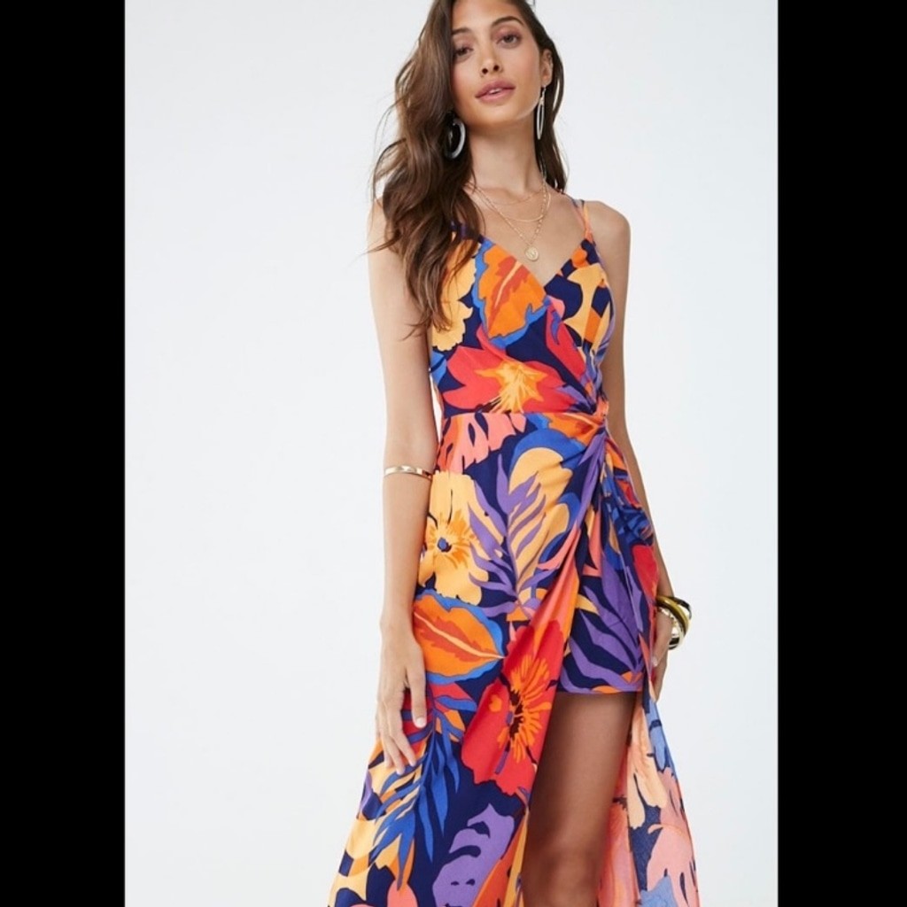Forever 21 Contemporary Tropical Floral Maxi Mini Dress Side Slit Open Back XS