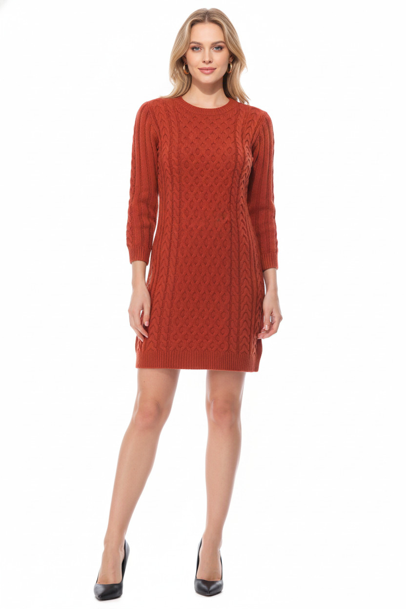 Yemak Women’s Round Neck Cable Knit Long Sleeve Sweater Dress MK8002