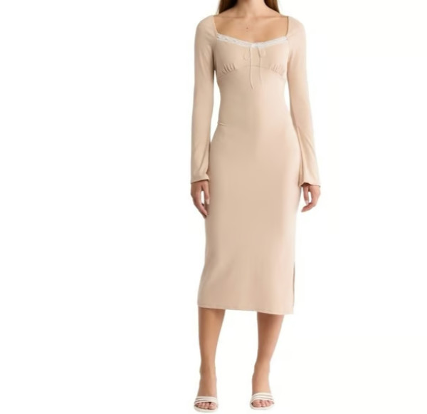 Lush Beige Babydoll Lace Neckline Empire Midi Slip Dress Garden Party sz L NWT
