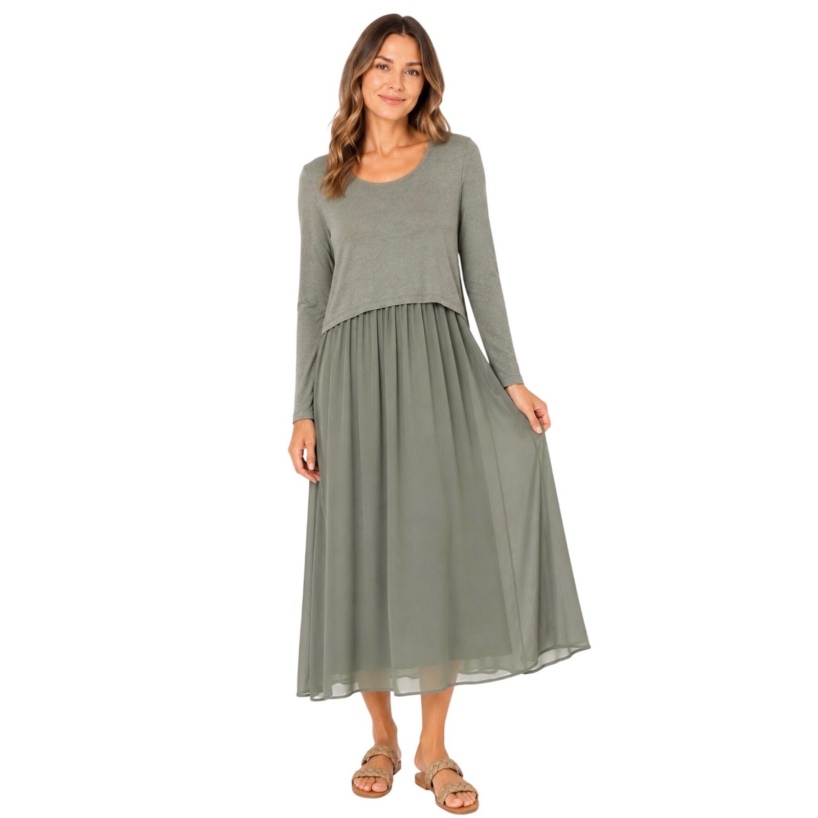 Soft Surroundings Sage Green Long Sleeve Mixed Media Maxi Dress Petite Large