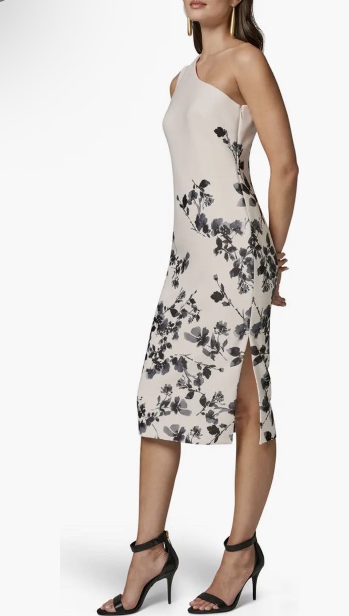 New Donna Karan New York One Shoulder Floral Print Dress Cream/Black Multi Sz 8