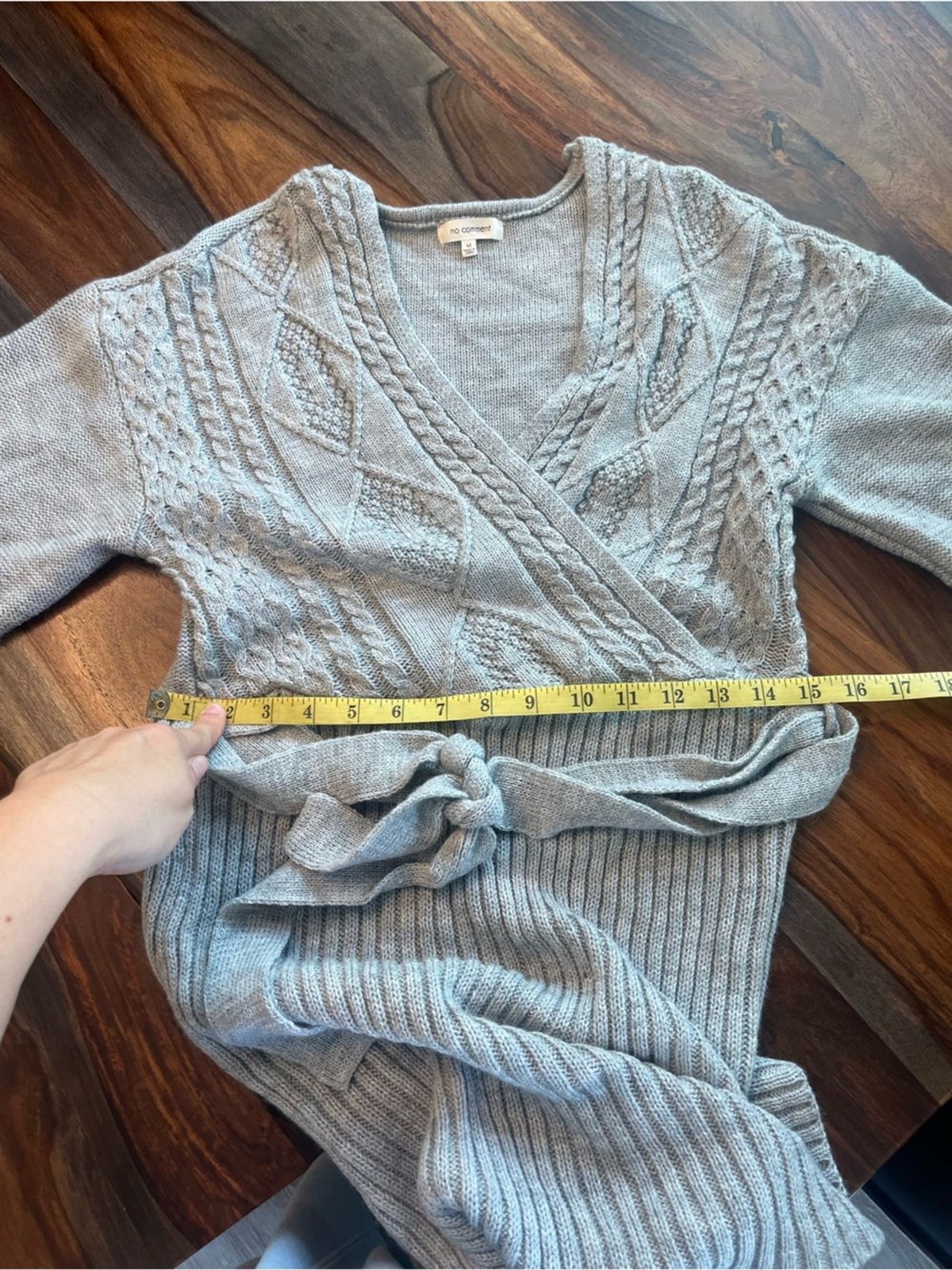No Comment Cable Knit Tie Waist Balloon Sleeve Dress Light Gray Wrap Belted