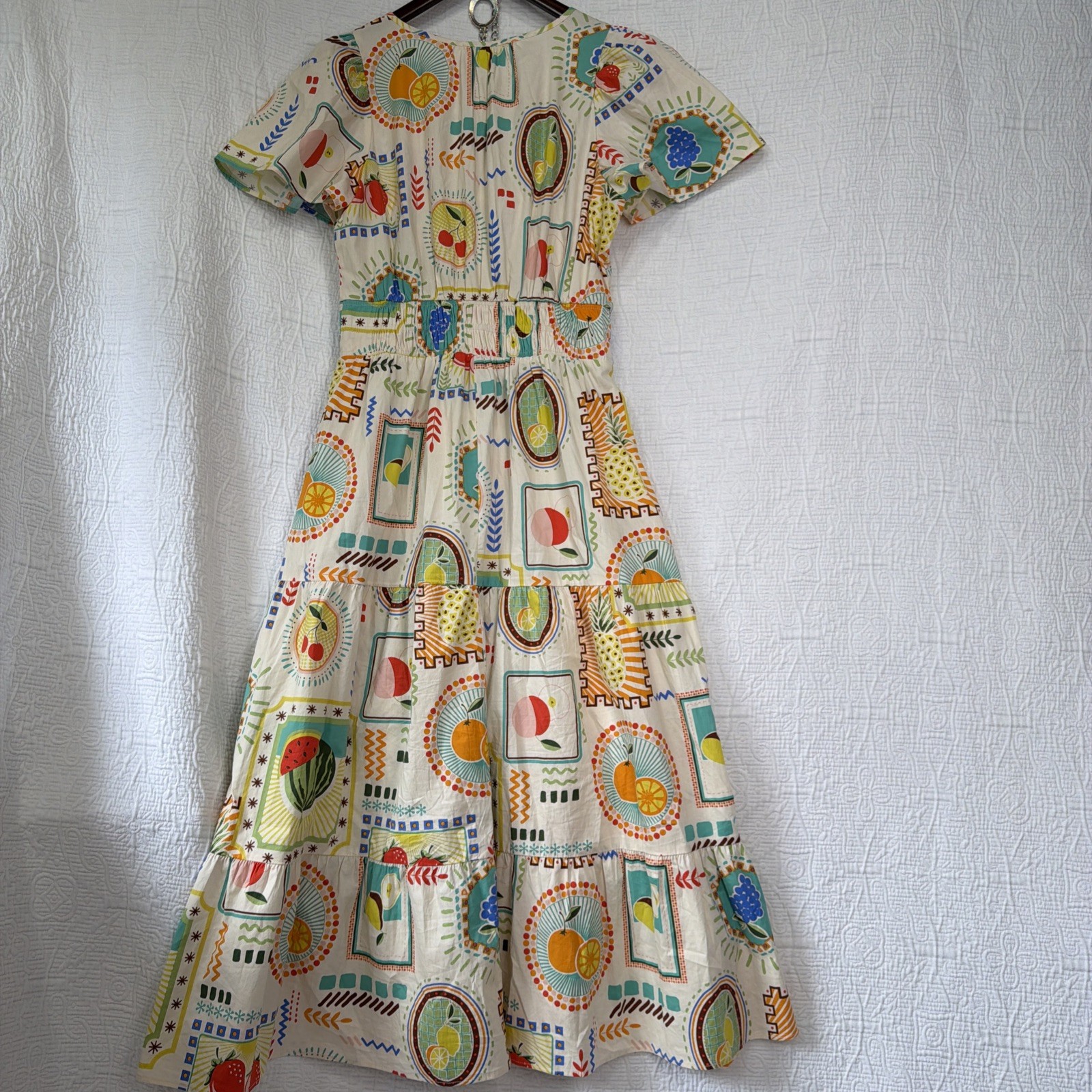 Easel Fruit Print Cotton Tiered Midi Dress Small Short Sleeve Garden Cottagecore