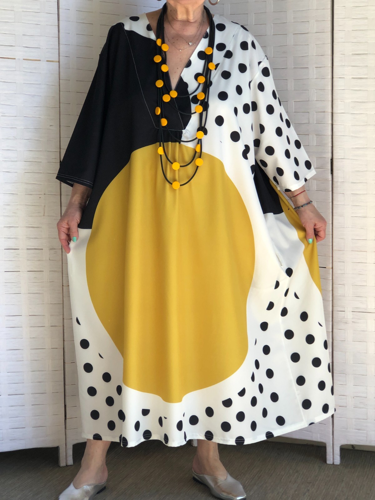 LAGENLOOK ARTSY BOHO OVERSIZED POLKA DOT KAFTAN DRESS WITH NECKLACE PLUS