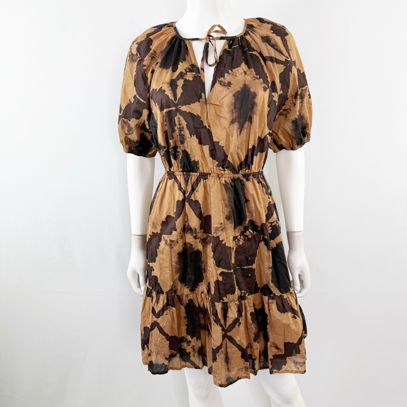 Rails Brown Tigers Eye AMABELLA Mini Dress Size S Puff Sleeve Elastic Waist Boho