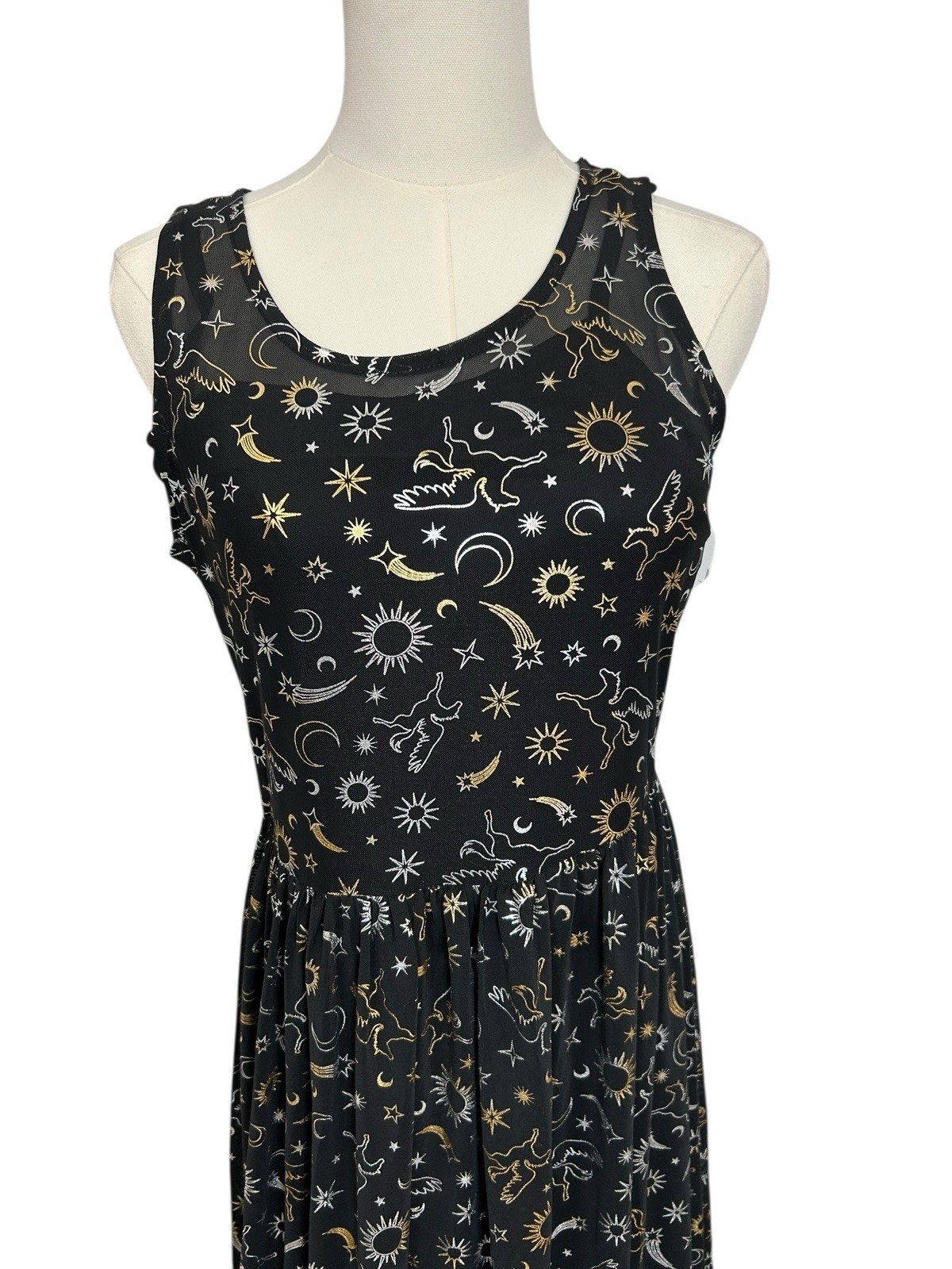 Cosmic Aura Astrology Celestial Stars Moon Foil Mesh Maxi Dress Sz M Black Gold