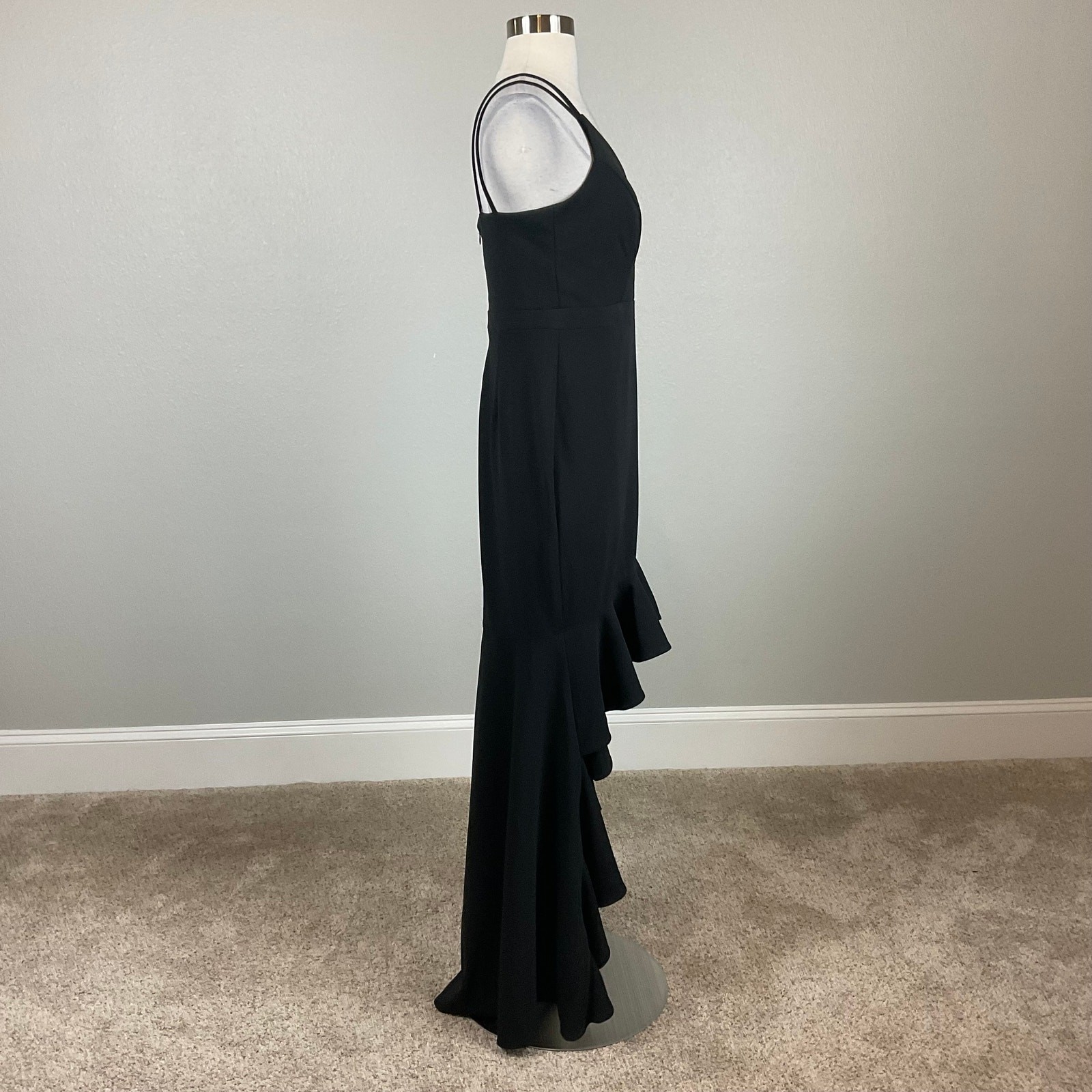 XSCAPE Black Evening Gown Ruffled High Low Sleeveless Sheath Dress Size 8