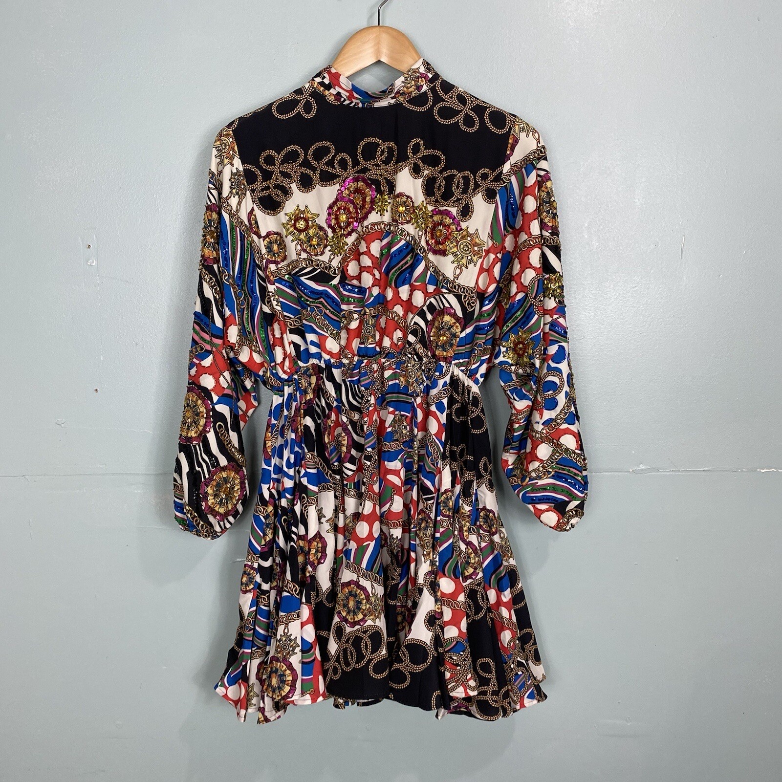 Rhode Caroline Chain Print Mini Dress Beaded Colorful Fit Flare Sz Small Sequin