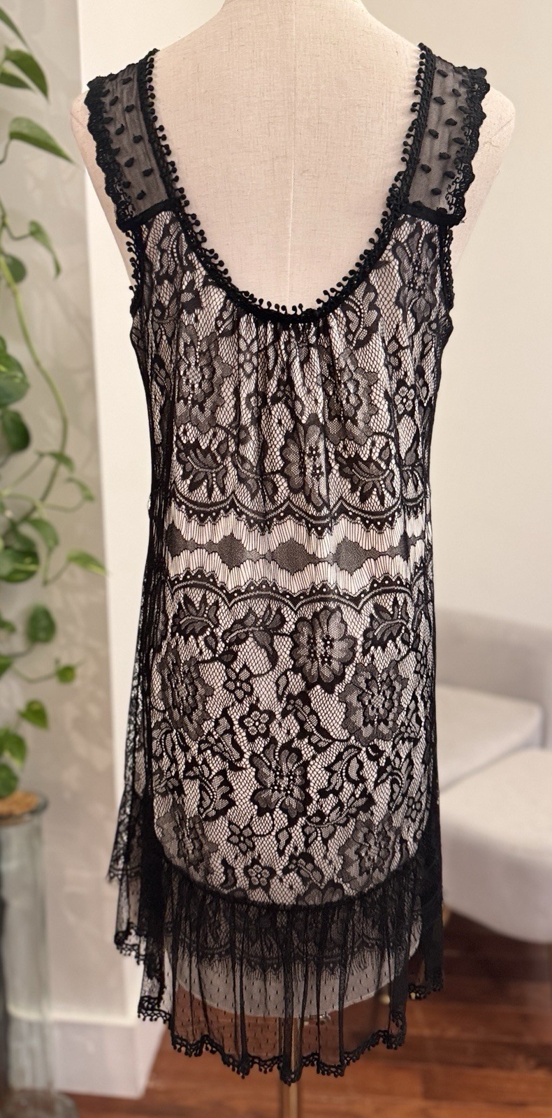 Sz M Black & Nude Lace Chiffon Gauze Gothic Mini Dress Tafetta Babydoll Sundress