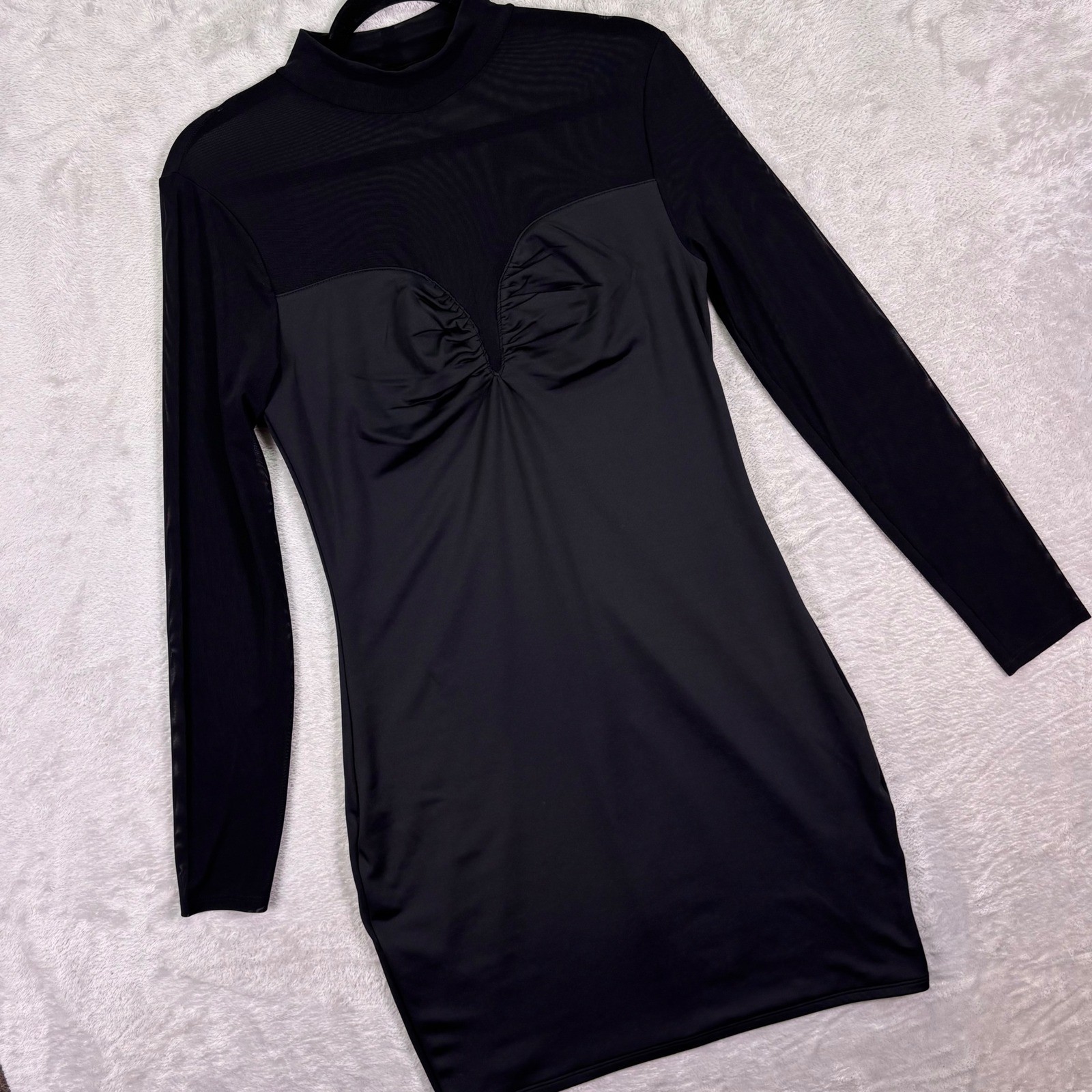 Express Women Dress Medium Black Body Contour Mesh Long Sleeve Mock Neck 5868