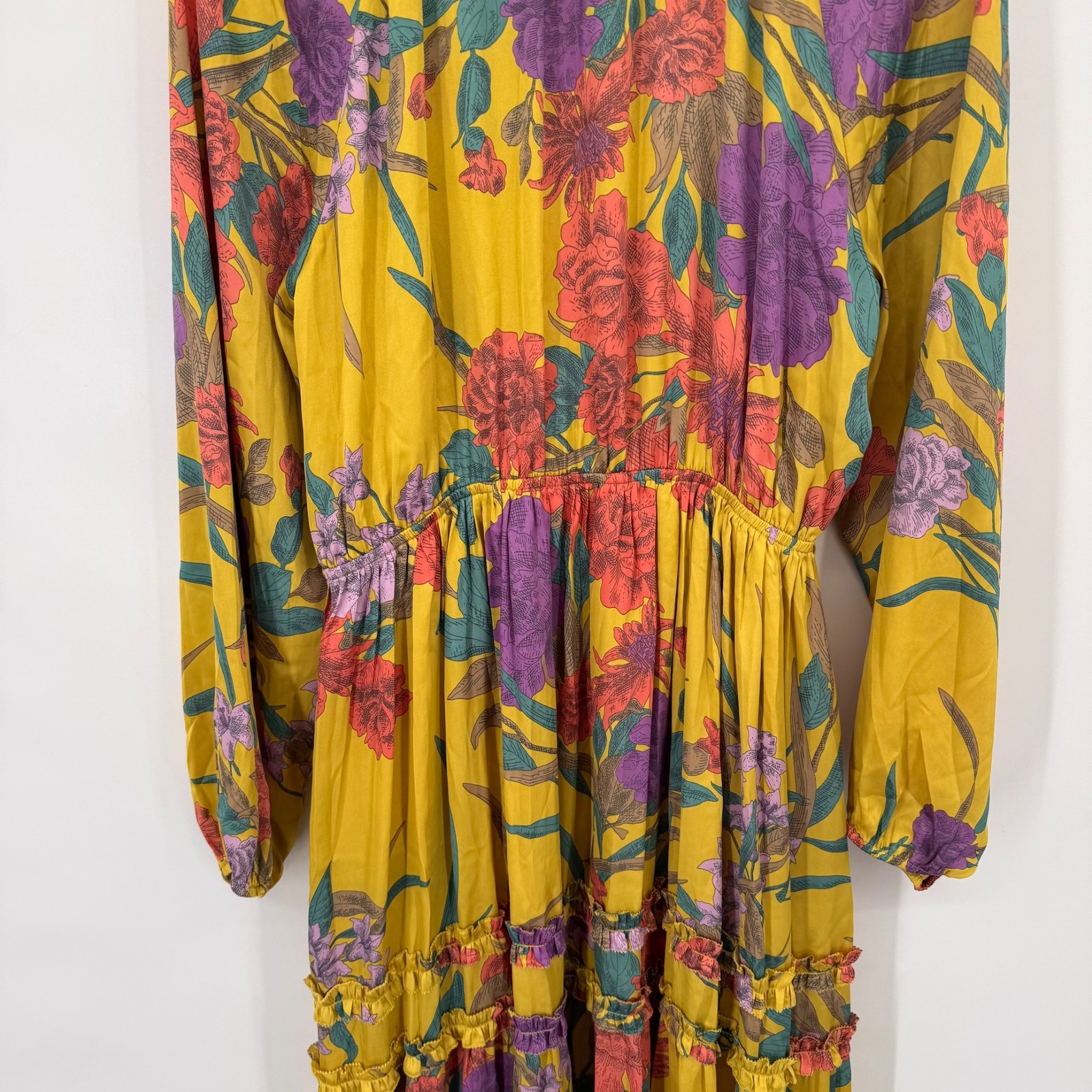 Current Air Marigold Floral Maxi Dress V-Neck womens size large long sleeve new