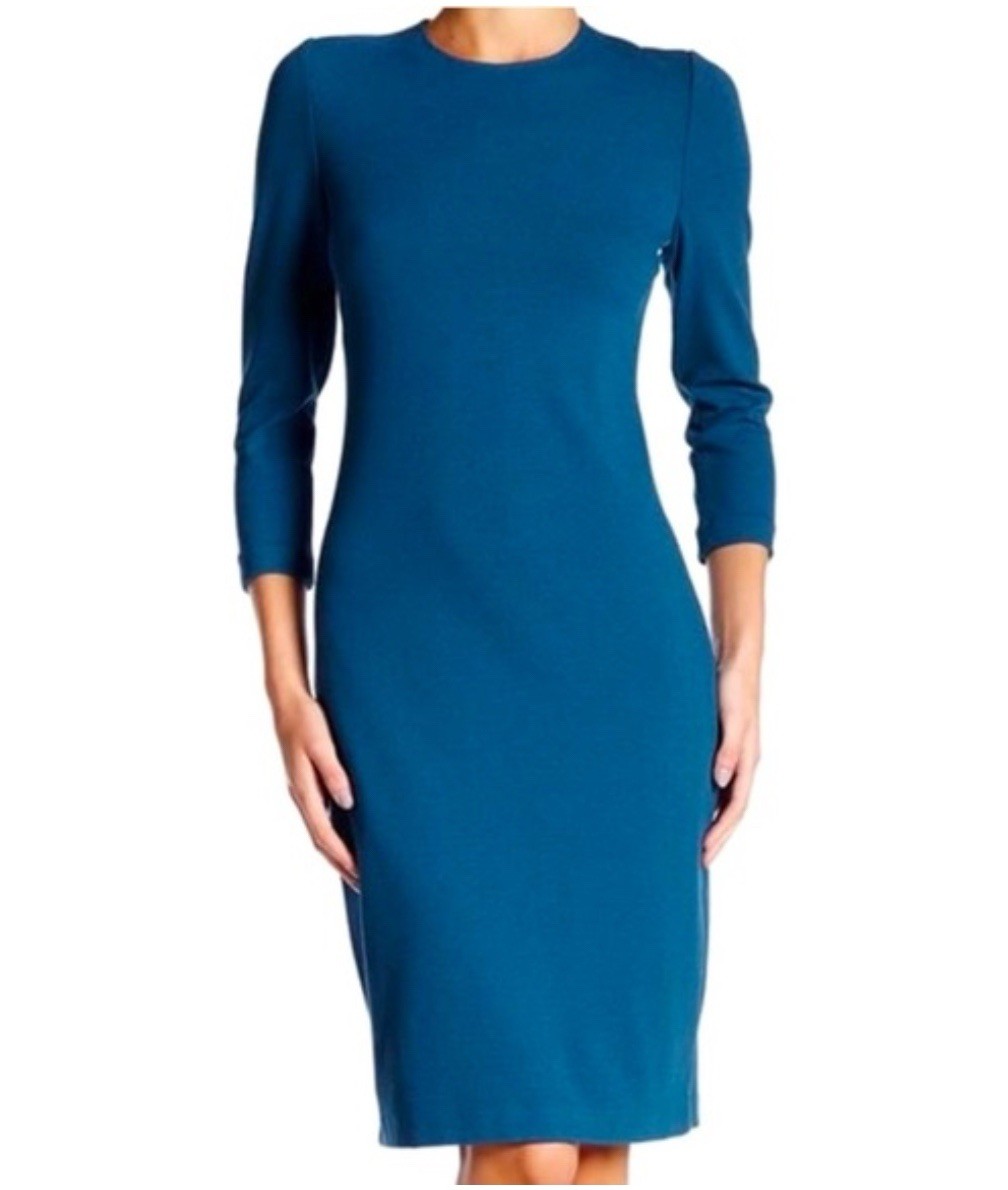 Vince Boucle Sheath Dress 3/4 Sleeve Size XS Teal Blue EUC