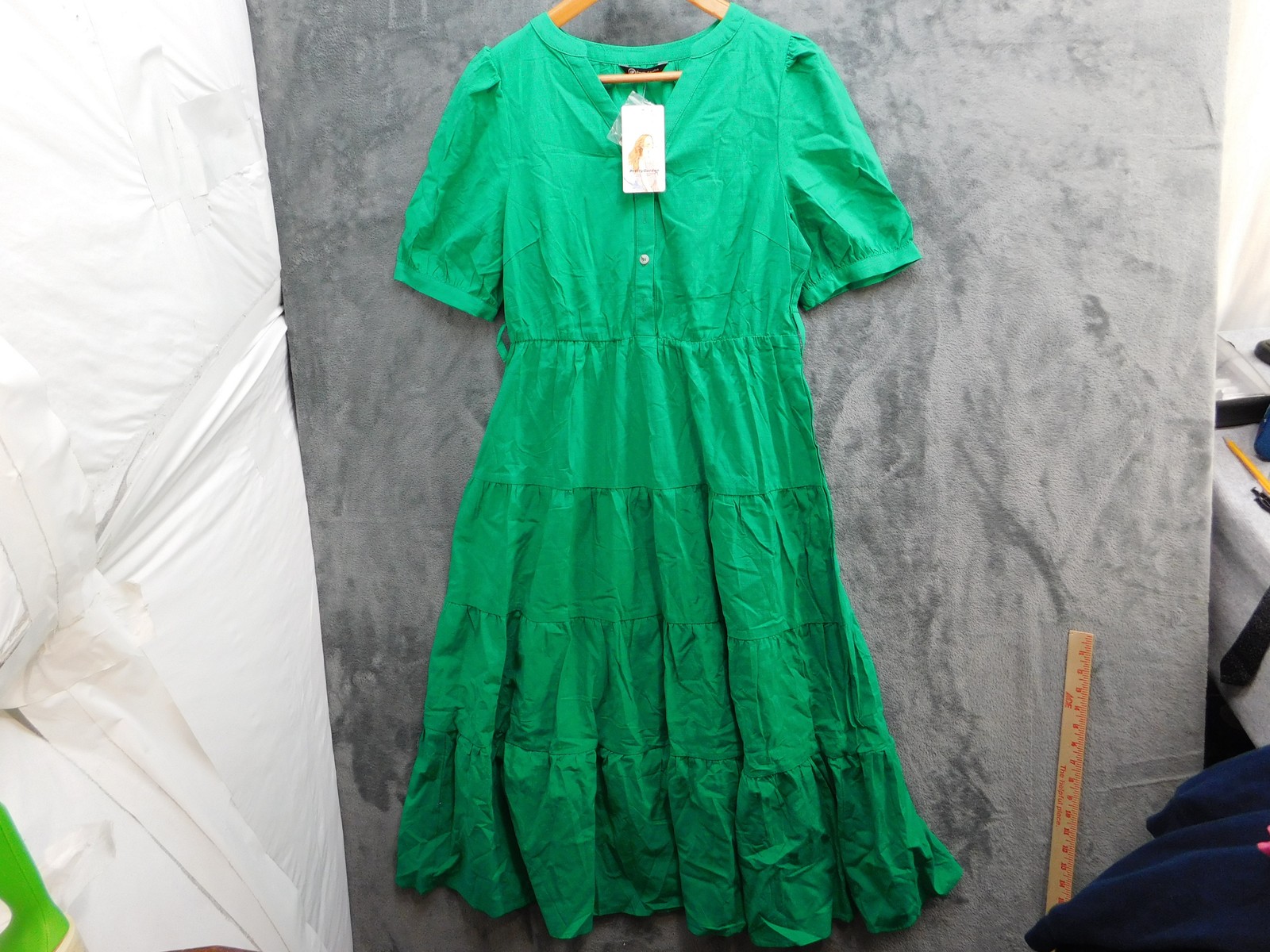 PrettyGarden Dress Womens Medium Green Short Sleeve Tiered Midi Maxi Flowy New