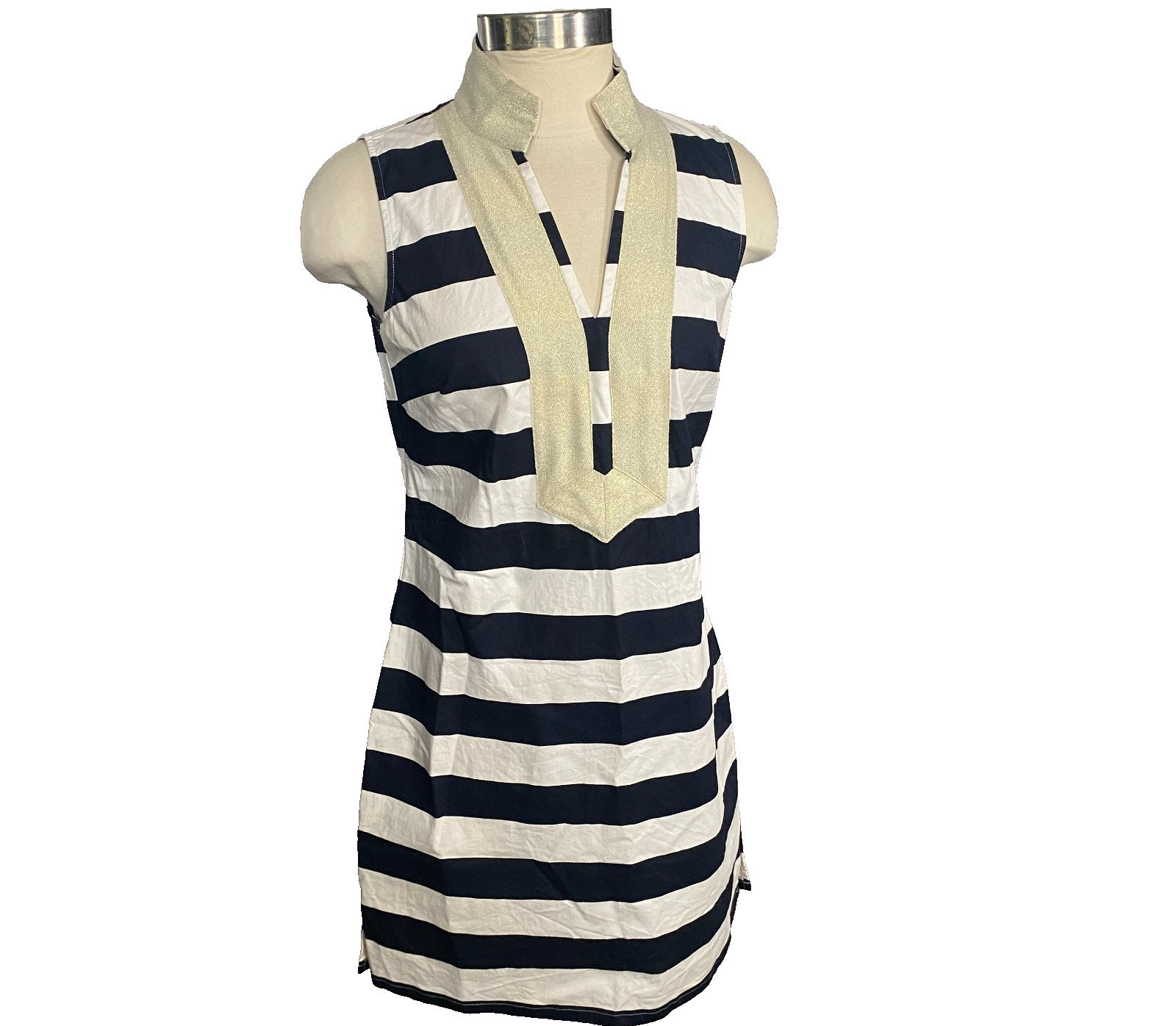 Sail To Sable Dress Shift Blue White Stripe Gold Trim Cotton Preppy Nautical