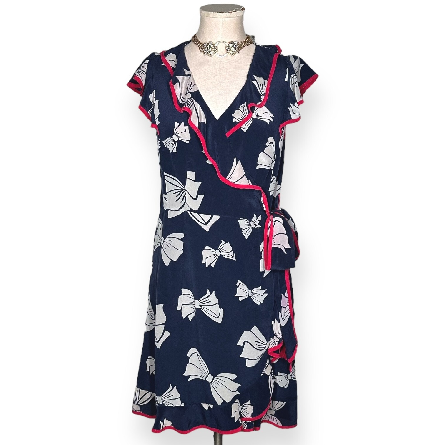 Vintage NANETTE LEPORE 100% Silk Y2K Wrap Dress Bow Print Blue Cascade Coquette