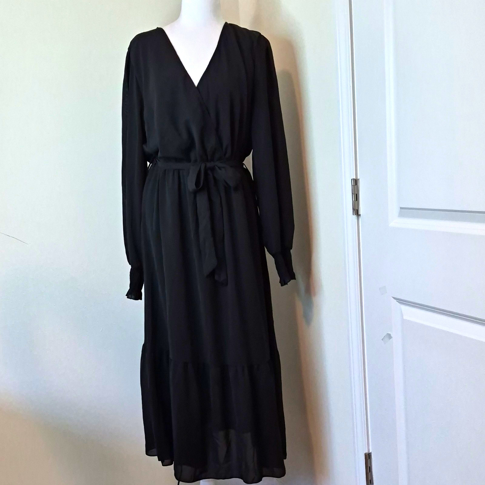 PrettyGarden Women’s Wrap Dress XL Black Solid V-Neck Long Sleeve Midi Belted