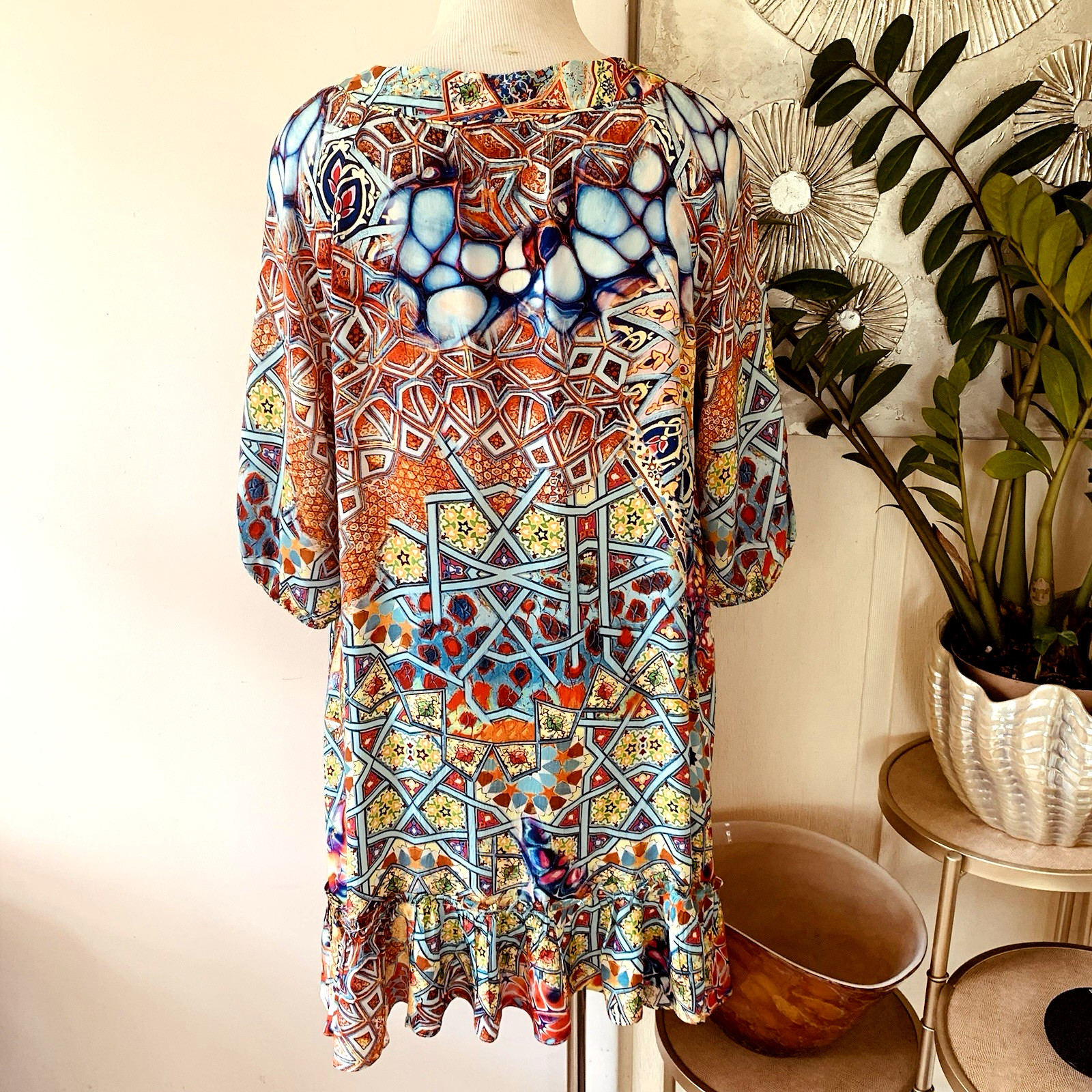 True Colours by La Moda Multi Color Mosaic Boho Silk Dress Size S/M