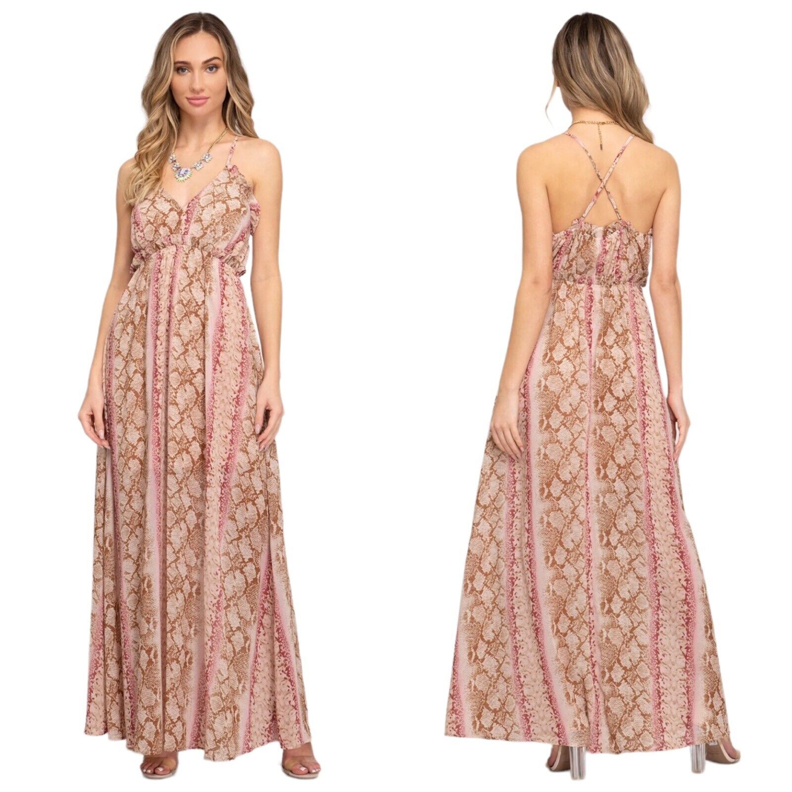 She Sky Maxi Dress Womens Medium Pink Snake Sheer Fairycore Whimsigoth Boho