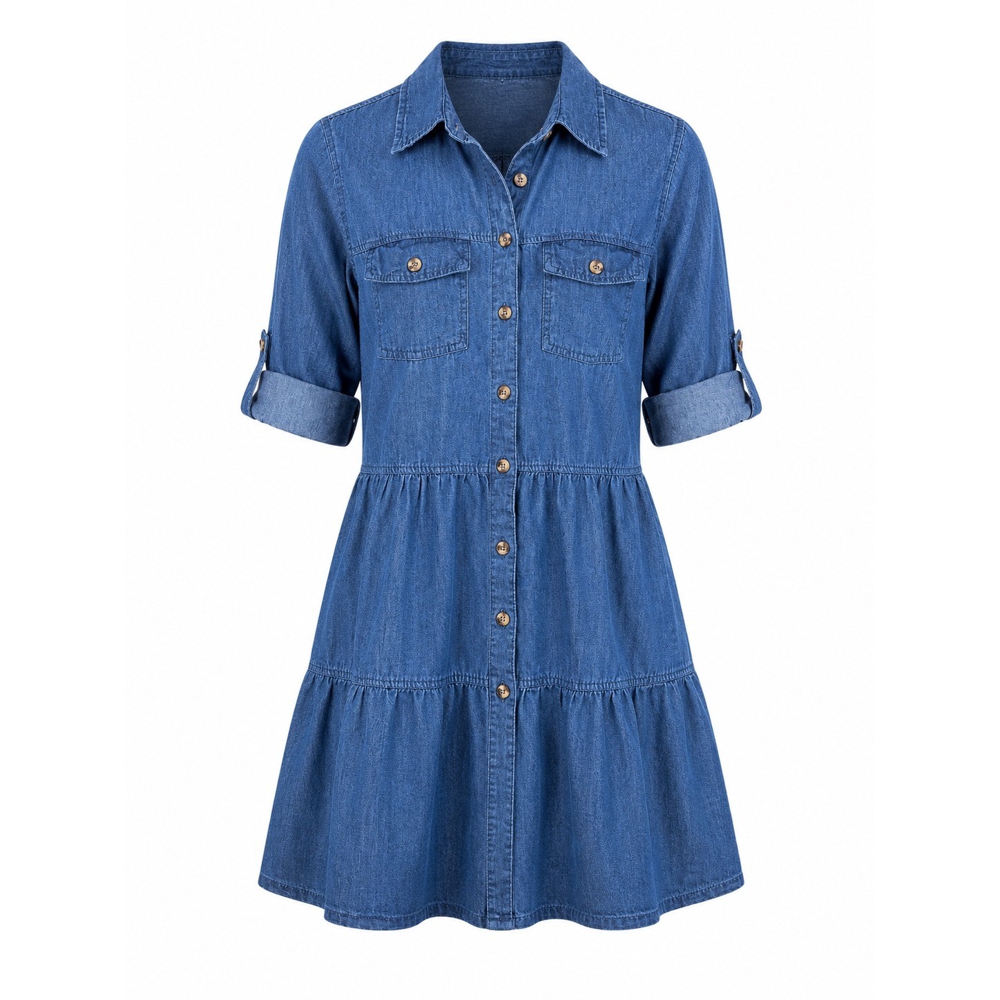 Speed Limit Medium Chambray Tiered Shirt Dress Blue 100% Cotton Roll Tab Sleeve