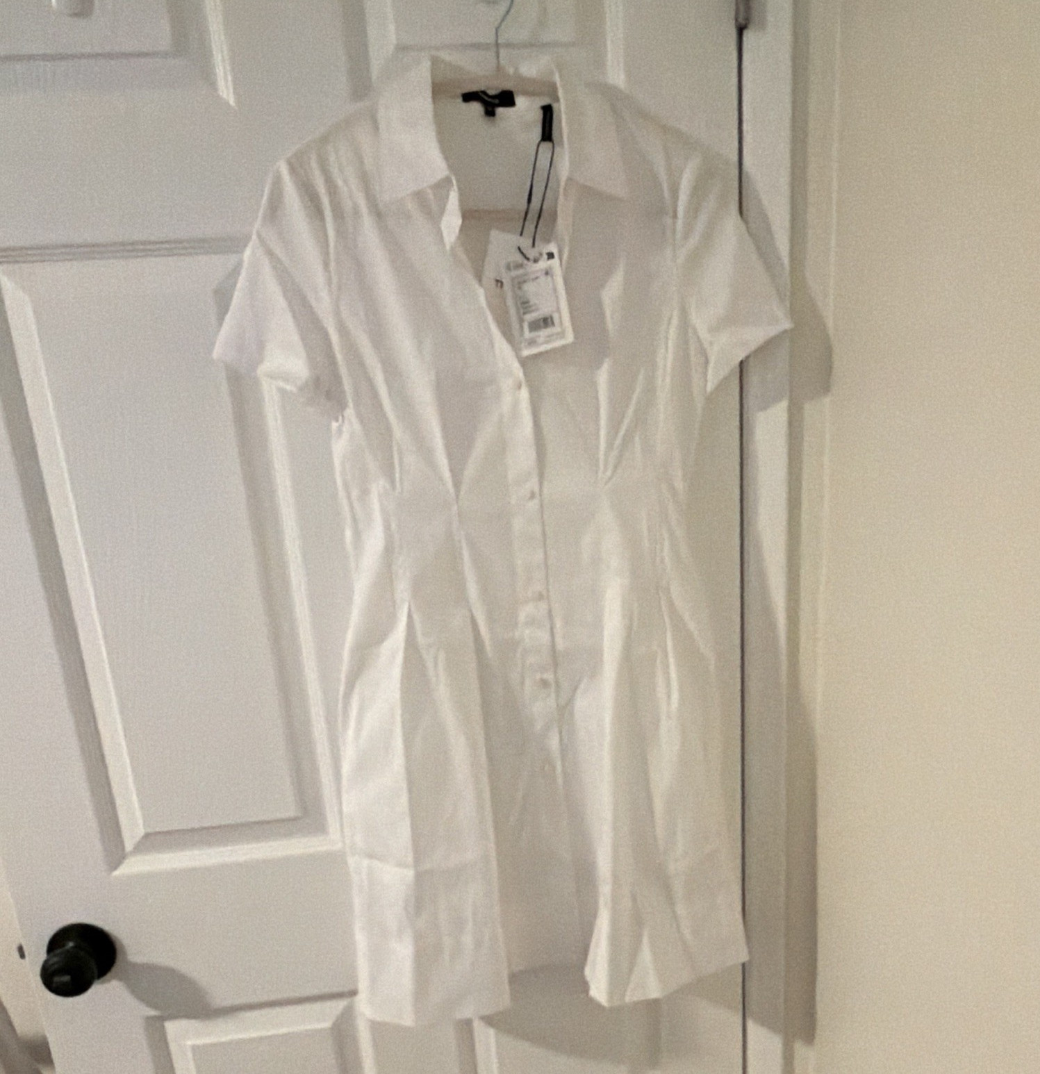 Theory White Collared Short Sleeve Shirt Dress P Solid Pleated Button Front