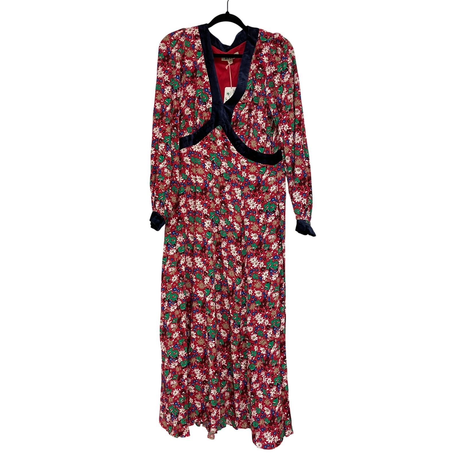 Boden Womens Dress UK 14 US 10 Red Floral Puff Sleeve Velvet Trim D1102 NWT