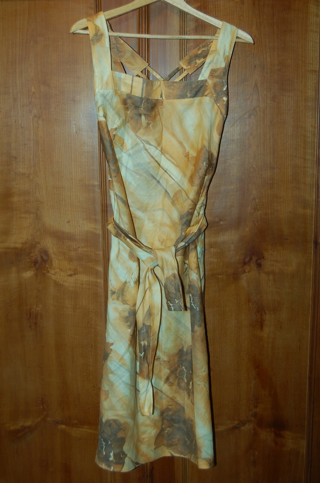 Giorgia Netti, women’s dress, floral beige background, linen, see measurements, used