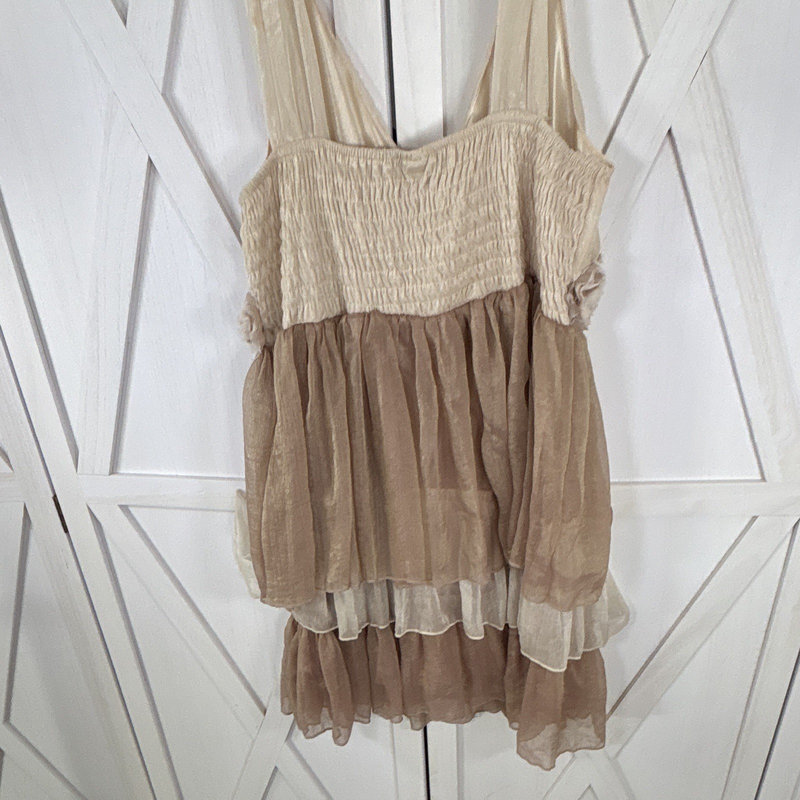 Angie Beige/Brown Solid Chiffon Fit & Flare Dress V-Neck Sleeveless S