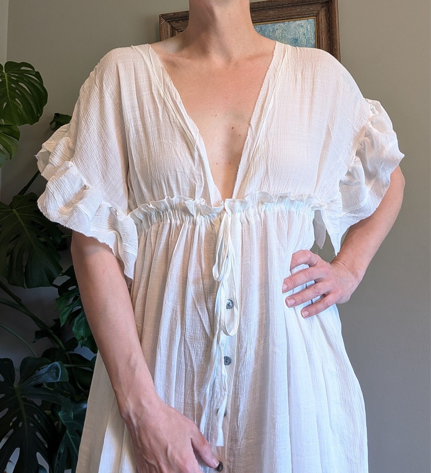 White Gauze Maxi Dress Cover Up Flowy Button Front Tie Back Boho Beach Feminine