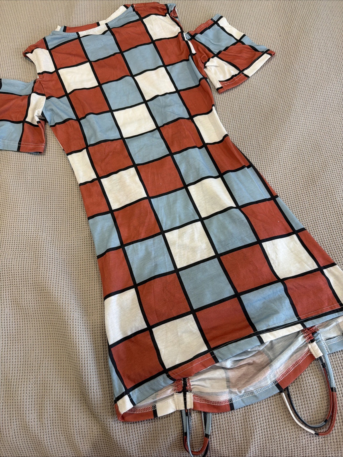 Shein Open Shoulder, Dress Strings In The Front Checkerboard Multicolor Size XS