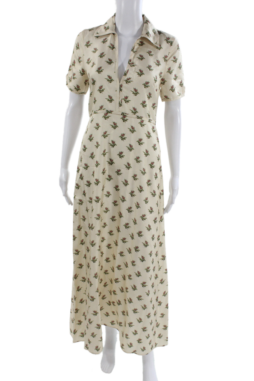 Black Iris Womens Maxi Shirt Dress Beige Silk Floral Short Sleeve Size 0