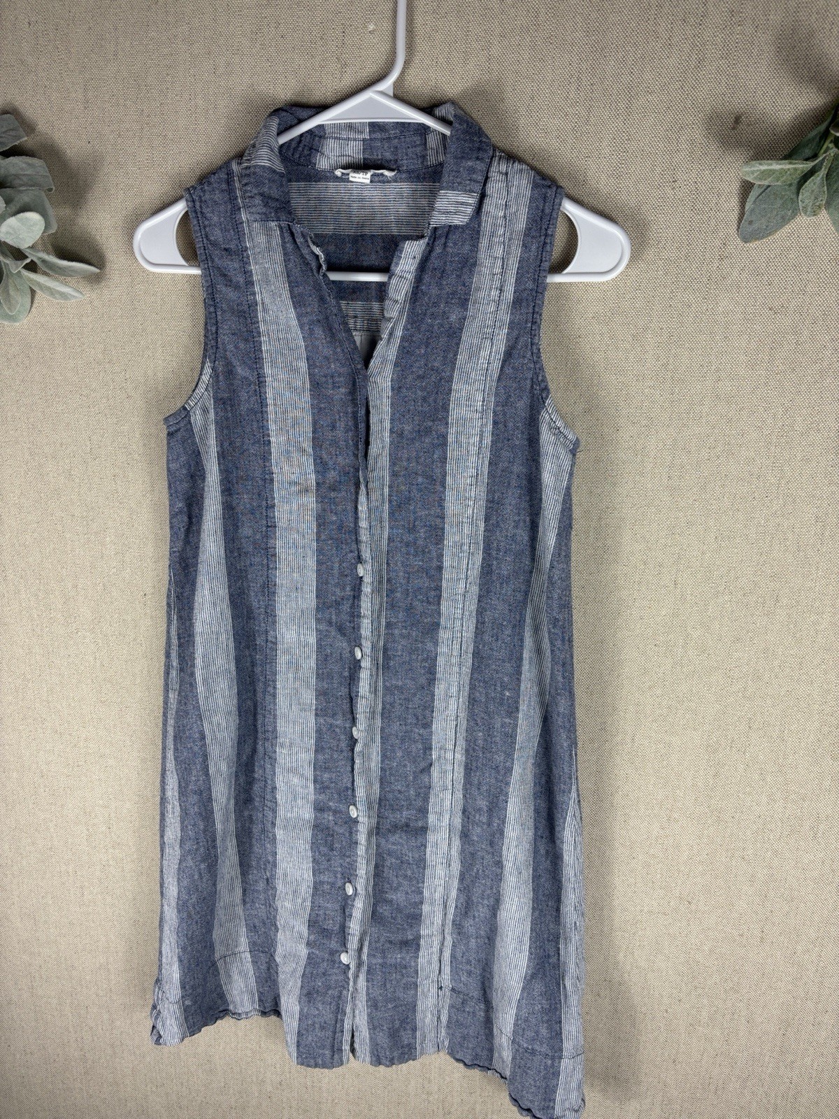 Beach Lunch Lounge Sleeveless Button-Front Striped Linen Dress Blue Extra Small