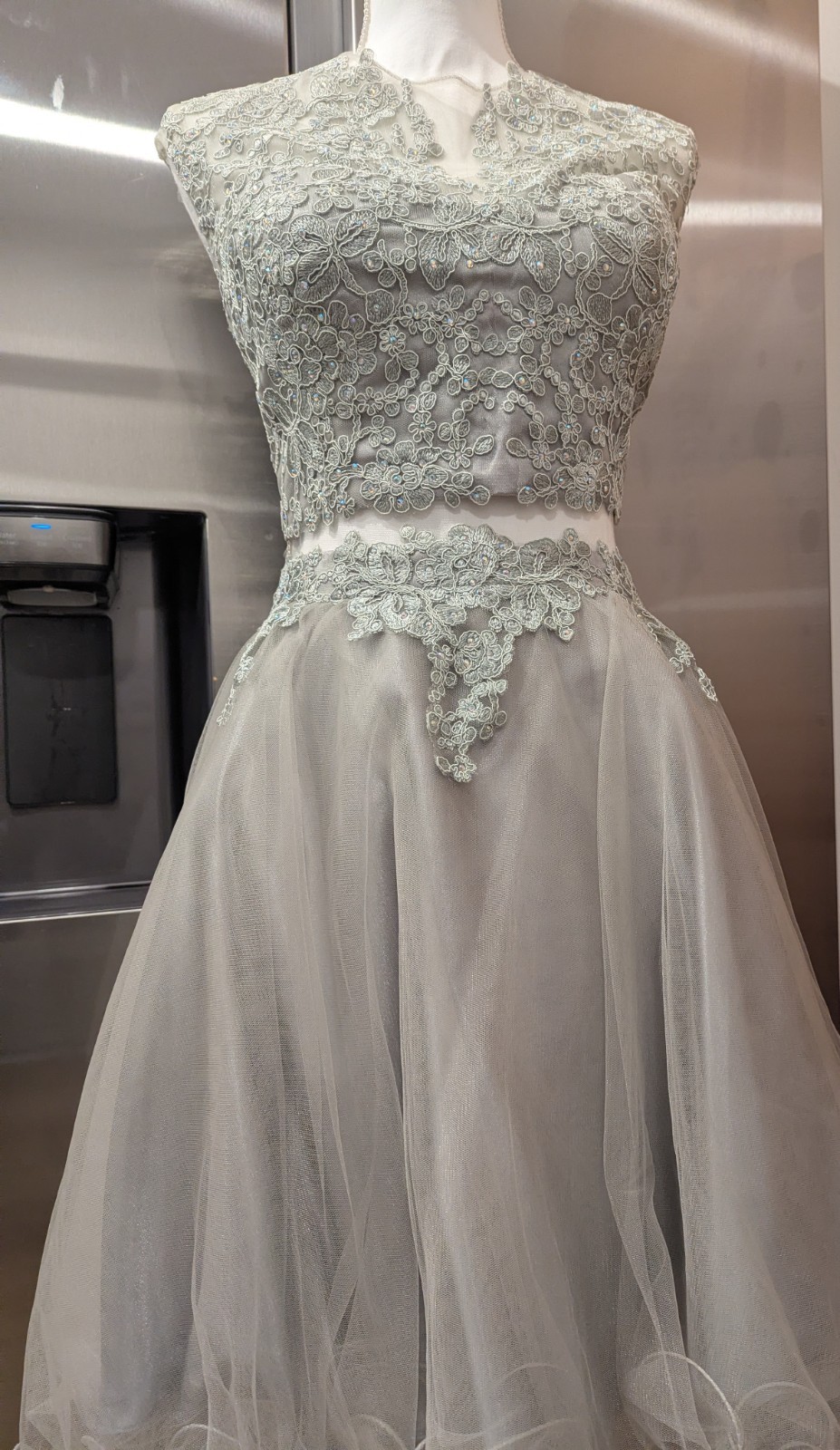 May Queen Size 12 Gray Beaded Embroidered Tulle V-Neck A-Line Knee Dress