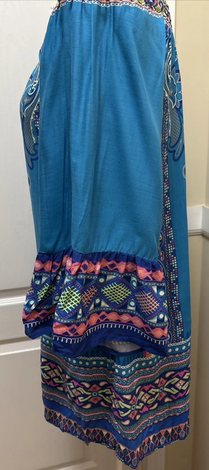 Flying Tomato Boho Off Shoulder Rayon Aqua Mini Dress Hippie Festival Medium