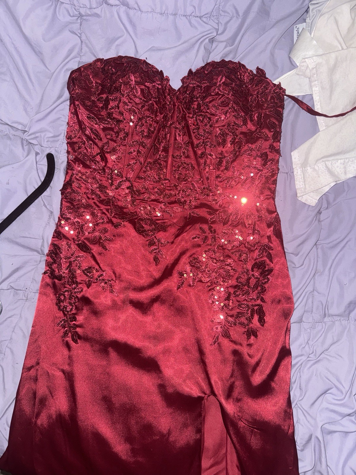 Strapless Sweetheart Burgundy Satin Sequin Beaded Long Formal Gown Size 8