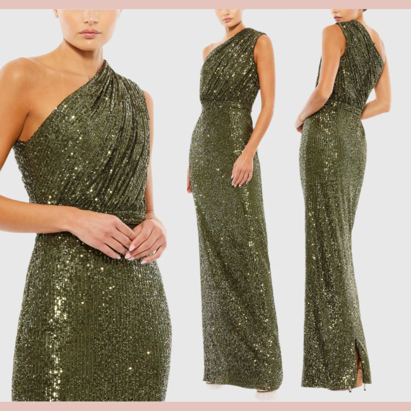 NEW IEENA MAC DUGGAL [ 12 ] 26694 Sequined Ruched One Shoulder Gown Olive #J845