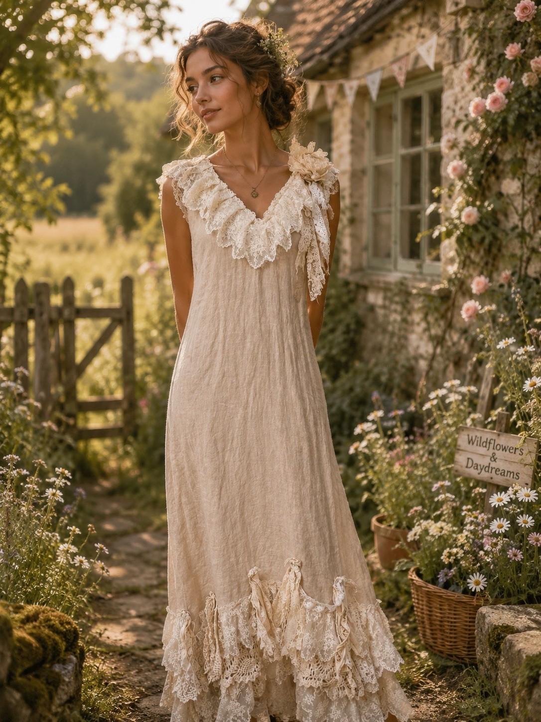 Vtg Lace Italian Linen V-Neck Upcycled Dress Handmade Sz Med Slight Low Hem