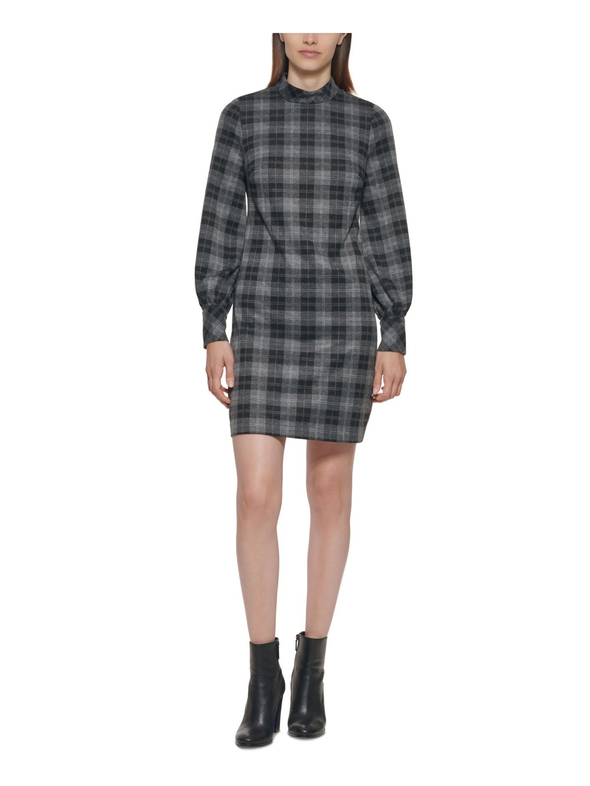 CALVIN KLEIN Womens Gray 3 Button Cuff Plaid Short Dress Petites 4P