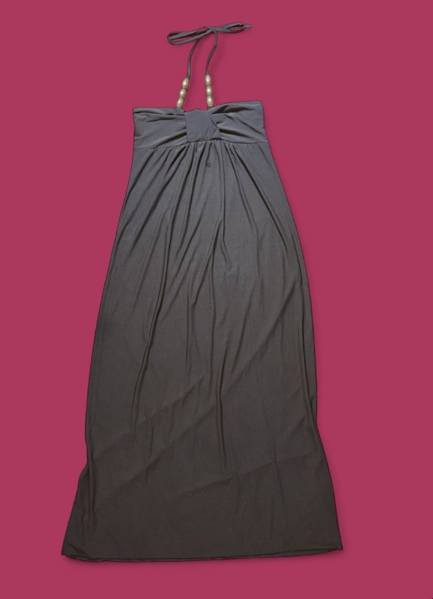 Impress Women’s Brown Halter Maxi Dress Medium Beaded Neck Empire Waist Stretch