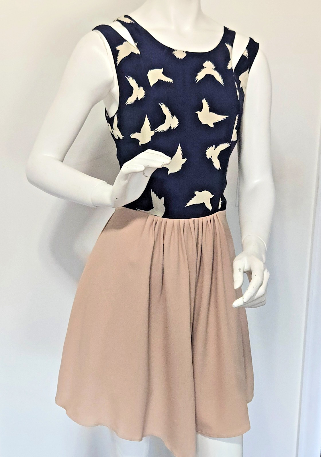 Swallow Bird Print Cutout Cold Shoulder Dress S Navy Beige Indie Flare Mini