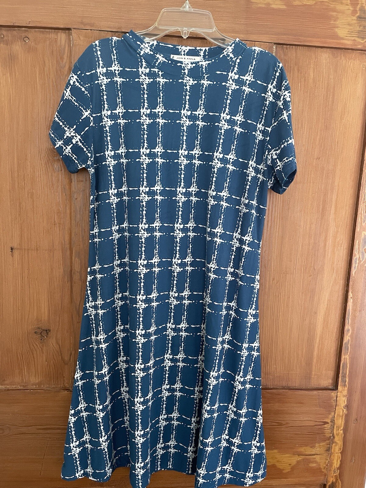Jon & Anna Teal Blue White Jersey Knit Aline Plaid Dress Size S