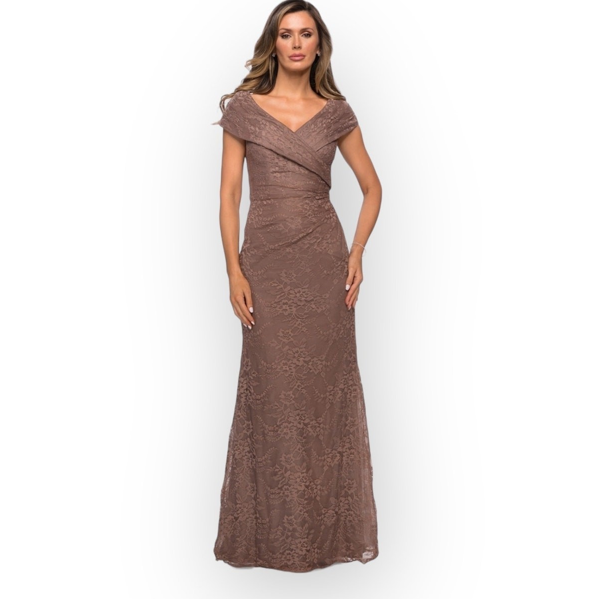 La Femme 27982 Gown Women’s 2 Cocoa V-Neck Off Shoulder Knit Lace Long Dress