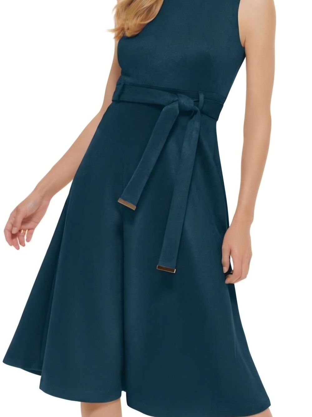 Calvin Klein Faux Suede Belted Sleeveless Fit-and-Flare Dress – Size 4