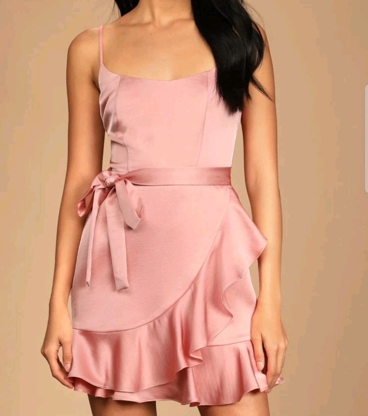 Lulus Salmon Pink Satin Wrapped Ruffle Strappy Belted Mini-Dress Size XS