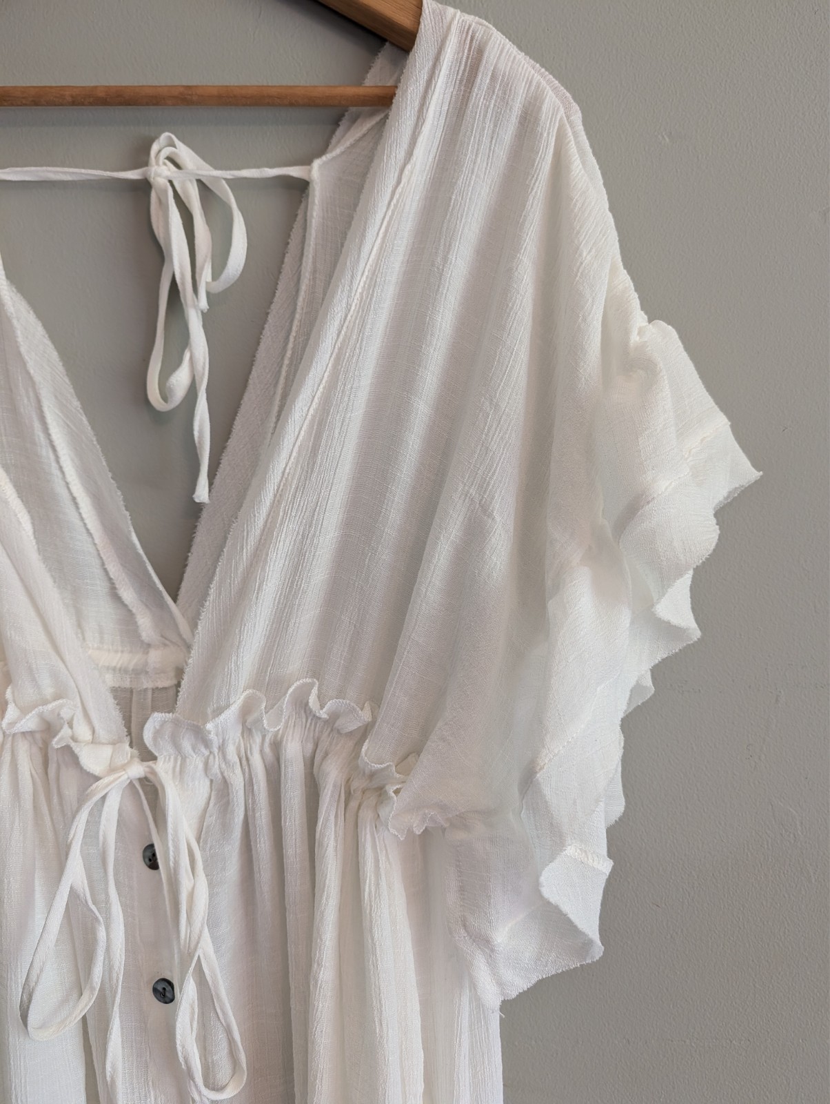 White Gauze Maxi Dress Cover Up Flowy Button Front Tie Back Boho Beach Feminine