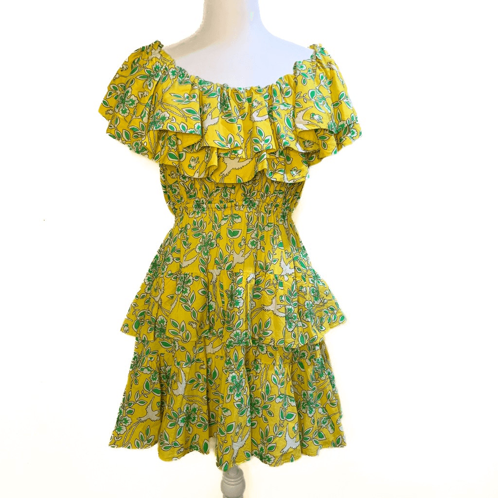 Rhode Dotty Off-The-Shoulder Yellow Eden Floral-Print Cotton Mini Dress Small