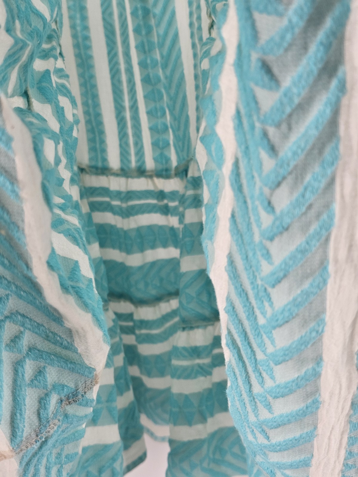 DEVOTION TWINS Ella Tunic Dress Teal Cream Geometric Boho Tiered Women’s Medium