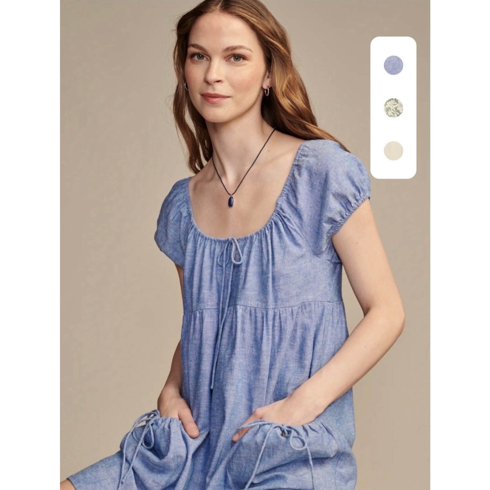 Lucky Brand Blue Chambray Puff Sleeve Mini Dress hemp/cotton blend NWT MEDIUM