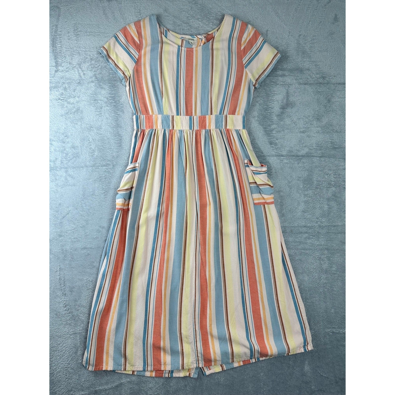 a.n.a. Linen Blend Midi Striped House Dress Backless Cut-Out Patch Pockets MED