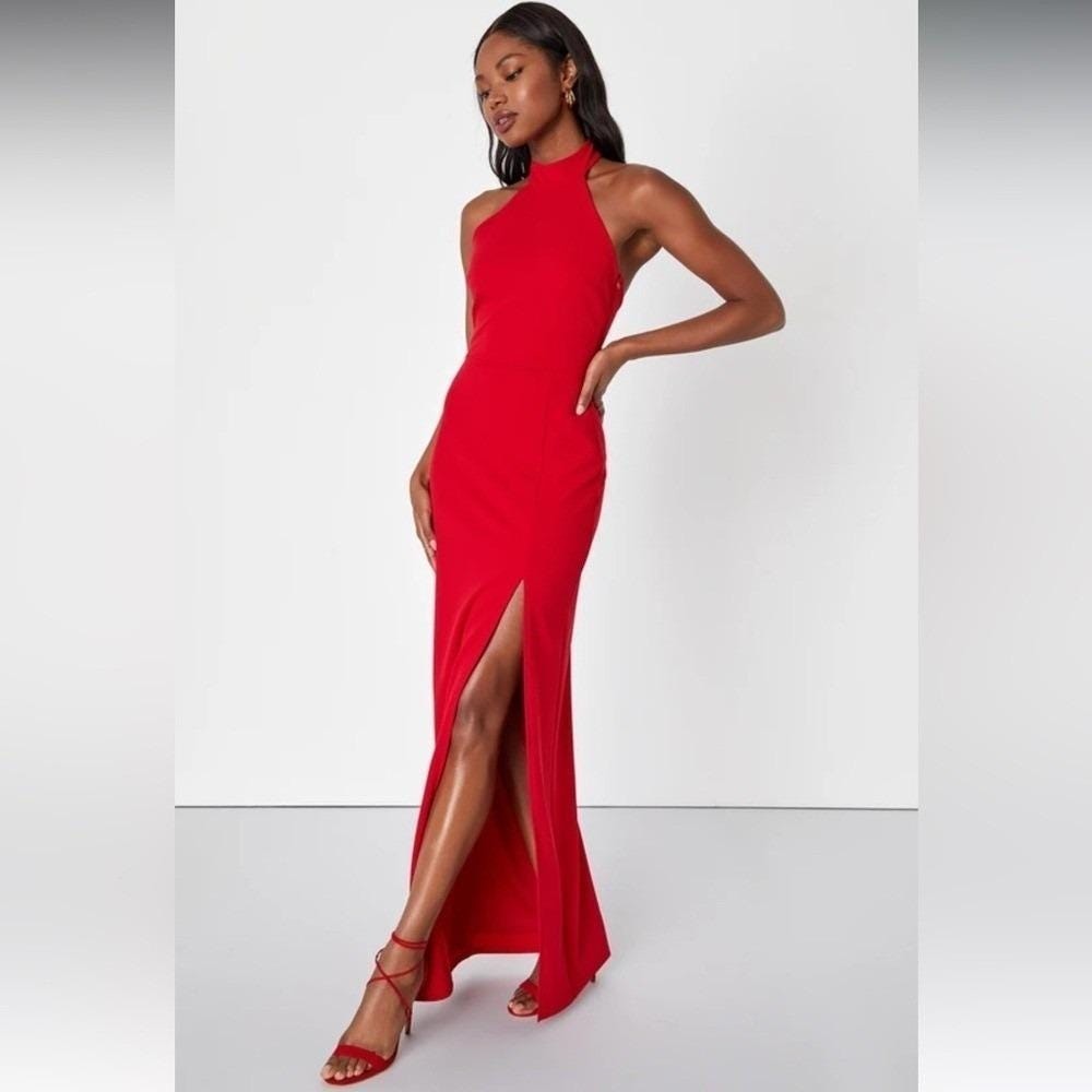 Remarkable Elegance Red Backless Halter Column Dress